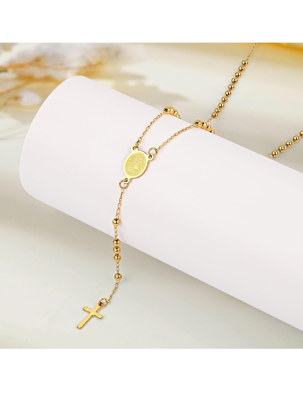 Gold Rosary-Style Cross Pendant Necklace - Women Jewelry